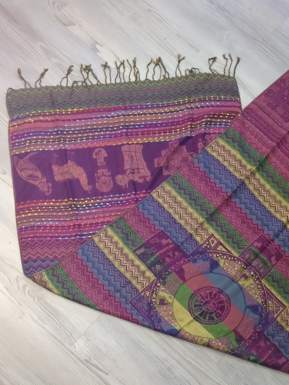 Boho Andean Pashmina Style Shawl Wrap Scarf Purple Fringe 27x70 Inca Southwester - Picture 11 of 14